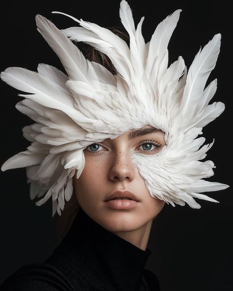 focusart80 Feathers On Face, Feathers Makeup, Feather Portrait, Feather Makeup, Lake Photoshoot, Feather Crown, Carnival Makeup, Feather Headdress, Feather Fascinators