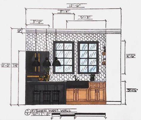 A hand-drafted kitchen elevation with hand rendering quality using alcohol markers. Kitchen Rendering, Using Alcohol Markers, Kitchen Elevation, Hand Rendering, Rustic Counter, Latest Interior Design Trends, Alcohol Markers, Kitchen Counter, Interior Design Trends