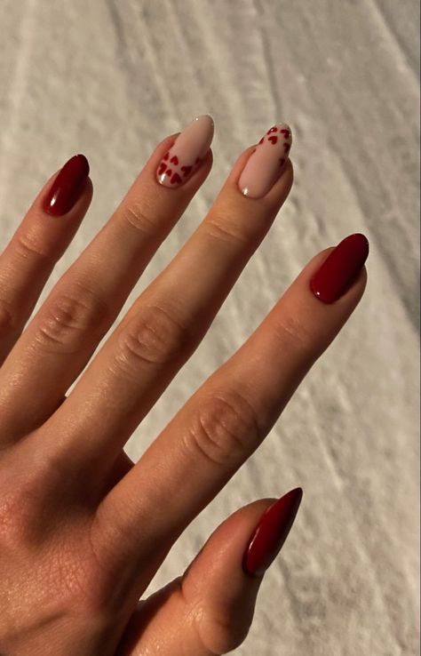 Cherry Red Valentines Nails, Natural Red Nails Design, Red Nails Inspo Short Almond, Wine Nails Acrylic Art Designs, Burgundy Nails With Heart Design, Dark Red Nails With Heart Design, Dark Red Manicure Design, Dark Red Nails Valentines, Cherry Wine Red Nails