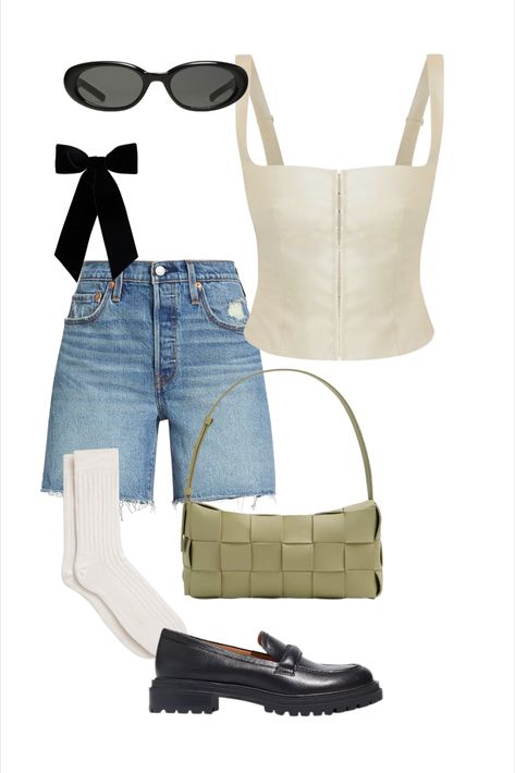 Summer outfit, Jean Short Outfit, Loafer Outfit, Bottega Veneta, Bottega Bag, Madewell, orseund iris, Styling, Outfit Collage, Styling inspo, Outfit inspo Shorts Loafers Outfit, Loafer Summer Outfit, Flat Sandals Outfit, Bottega Bag, Outfit Jean, Orseund Iris, Veneta Bottega, Jean Short Outfits, Loafers Outfit