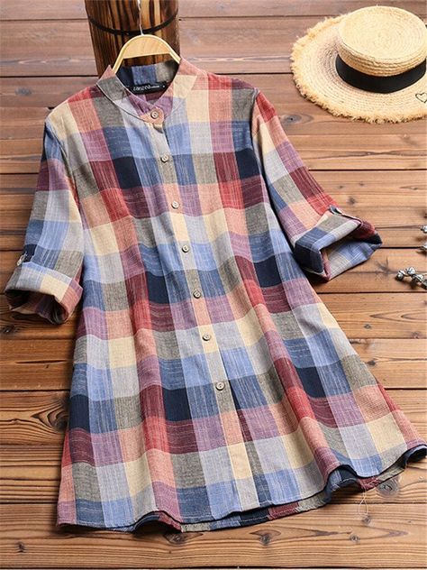 c5cc17e395d3049b03e0f1ccebb02b4ddesc51089079ri Tunik Linen, Button Blouse, Casual Long Sleeve Shirts, Roll Up Sleeves, Green Material, Long Sleeve Plaid, V Neck Blouse, Plaid Print, Casual Blouse