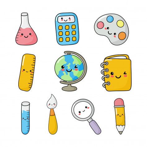 Set of cute funny school supplies kawaii style. calculator, magnifier, pens, brush, ruler, notebook, globe, and others. education items isolated Doodles Kawaii, School Supplies Kawaii, Arte Doodle, Arte Do Kawaii, Desain Buklet, Funny School, Easy Doodle Art, Kawaii Style, Cute School Supplies