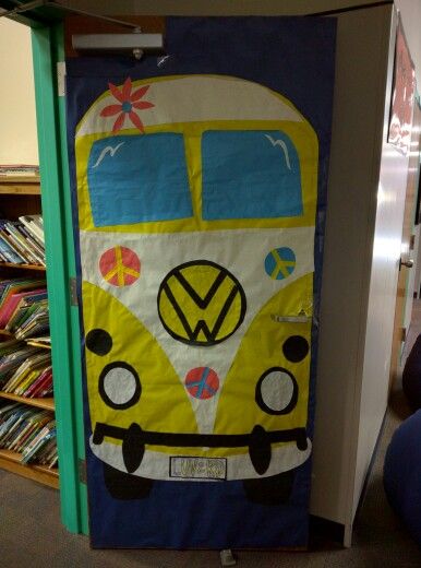 Vw Bus Bulletin Board, Hippie Classroom, Library Doors, Groovy Classroom, Algebra Classroom, Volkswagon Van, Retro Door, 70s School, 70’s Decor