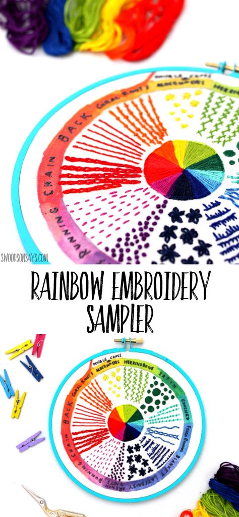 Modern embroidery sampler stitched up and shown off - see how this rainbow color wheel embroidery pattern lets you try different stitches out! Embroidery Sampler Pattern, Embroidery Samplers, Sewing Cross Stitch, Crafting Techniques, Free Embroidery Patterns, Embroidery Patterns Ideas, Beginner Embroidery, Basic Embroidery, Embroidery Sampler