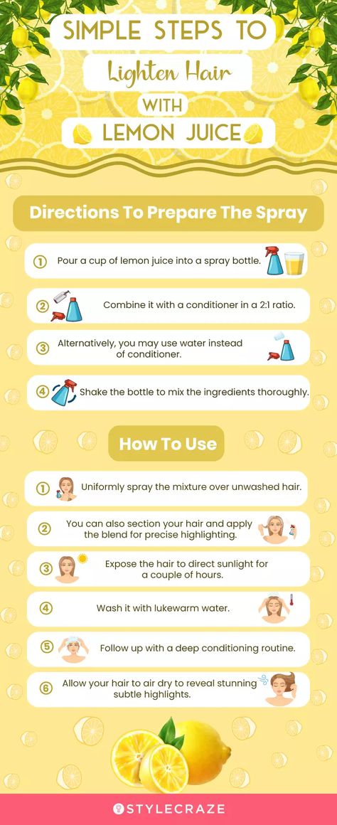 Lemon Juice Highlights, Lemon Juice For Hair, Hair Lightener Diy, Lemon Hair Lightening, Tips To Grow Hair, Lemon Highlights, Lemon Juice Hair, Hair Lightening Spray, Rid Of Frizzy Hair