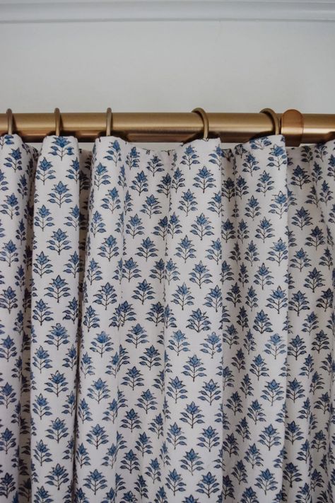 DIY Block Print Drapery Diy Block Printed Curtains, Block Print Interiors, Blue Block Print Wallpaper, Diy Stamped Curtains, Block Print Drapes, Block Print Curtains Bedroom, Patterned Living Room Curtains, Block Print Quilt Bedroom, Block Printed Curtains