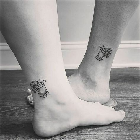 Matching Tattoos For Best Friends Alcohol, Best Friend Margarita Tattoos, Drinking Matching Tattoos, Small Tequila Shot Tattoo, Alcohol Glass Tattoo, Alcohol Tattoo Ideas Friends, Drinking Tattoos Alcoholic, Matching Drinking Tattoos, Shot Glass Tattoo Ideas