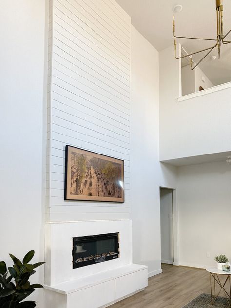 How to install a DIY two-story electric fireplace Two Story Electric Fireplace, Two Story Faux Fireplace, Two Story Tall Fireplace, Electric Fireplace Tall Wall, Floor To Ceiling Electric Fireplace, High Ceiling Electric Fireplace Wall, Diy 2 Story Fireplace, Electric Fireplace Ideas With Tv Tall Ceilings, Electric Fireplace Ideas With Tv High Ceiling