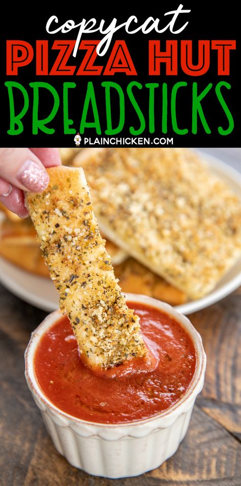 Copycat Pizza Hut Breadsticks - so easy to make and seriously delicious!!! Refrigerated pizza dough topped with parmesan cheese, garlic powder, salt, onion powder, oregano and basil. Dip in warm pizza sauce. Tastes just like the original! Ready to eat in under 20 minutes! #breadsticks #pizzahut #copycat Copycat Pizza Hut Breadsticks, Pizzahut Copycat, Pizza Hut Bread Sticks, Copycat Pizza Hut, Pizza Hut Breadsticks, Basil Dip, Pilsbury Recipes, Homemade Breadsticks, Refrigerated Pizza Dough