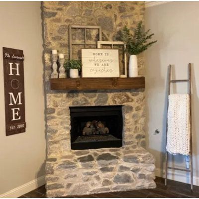 Industrial Farmhouse Mantle Decor, Corner Fireplace Wall Decor, Bulky Fireplace Mantel, Corner Fireplace Farmhouse, Farmhouse Chic Fireplace, Cream Fireplace Decor, Decor Over Fireplace Mantels, Oversized Decor, Rustic Mantle Decorating Ideas