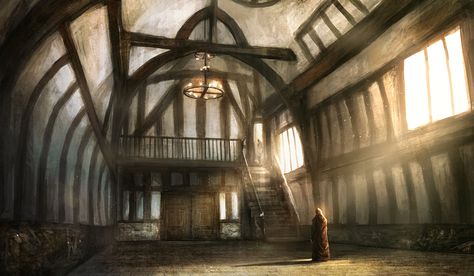 Tom Edwards Concepts: Guild Hall Guild Hall Fantasy Concept Art, Fantasy Cooking, Story Concepts, Guild Hall, Fantasy Adventurer, Adventurer's Guild, Story Background, Fantasy Town, The Enemy Within