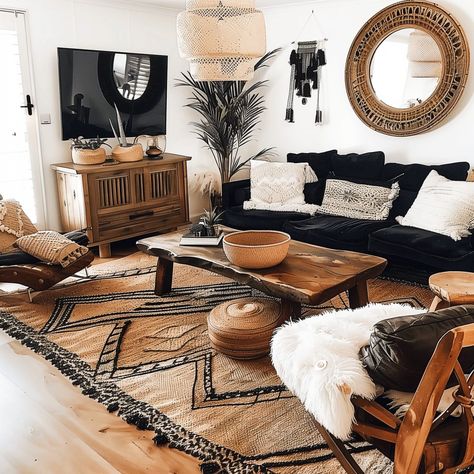 Black And Brown Apartment Aesthetic, Black Brown Living Room Ideas, Western Gothic Living Room, Black Brown Living Room, Black Sofa Living Room Ideas, Brown And Black Living Room, Black And White Boho Living Room, Black Boho Living Room, Black And Brown Living Room