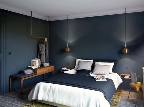 Navy and gold Hotel Room Design, Bedroom Hotel, Hotel Style, Blue Bedroom, Master Bedrooms Decor, Blue Walls, Cheap Home Decor, Living Room Interior, Room Interior