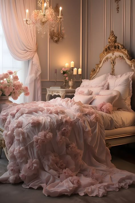 Lavish shabby chic princess room with vintage charm. Large duvet adorned with 3D silk roses, golden furniture accents, standing candles, pink roses, and elegant chandelier. Pink Bedroom Accessories, Casa Vintage, Princess Room, Dreamy Room, Dream Room Inspiration, Room Makeover Bedroom, Pink Bedroom, Pink Room, Chic Bedroom