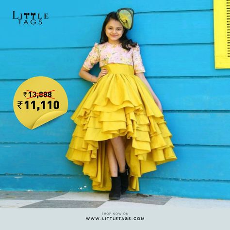 Celebrating the charming young girl.  Life goes on, as do celebrations. And watching kids grow is a celebration in itself.  Gift your little young woman this exquisite outfit on her special day from 𝐉𝐚𝐧𝐲𝐚𝐬 𝐂𝐥𝐨𝐬𝐞𝐭 and hang to the happy memories & the dress a little while longer with the adjustable margins too.  Shop now at https://www.littletags.com/yellow-tafetta-with-pink-sequins-top-with-head-accessory-hand-tie-ups-matching-accessory-for-shoes-LT15783894  #LittleTags #JanyasCloset Sequence Crop Top, Taffeta Gown, Single Dress, Sequins Top, High Low Gown, Kids Blouse Designs, Lehenga Designs Simple, Kids Frocks Design