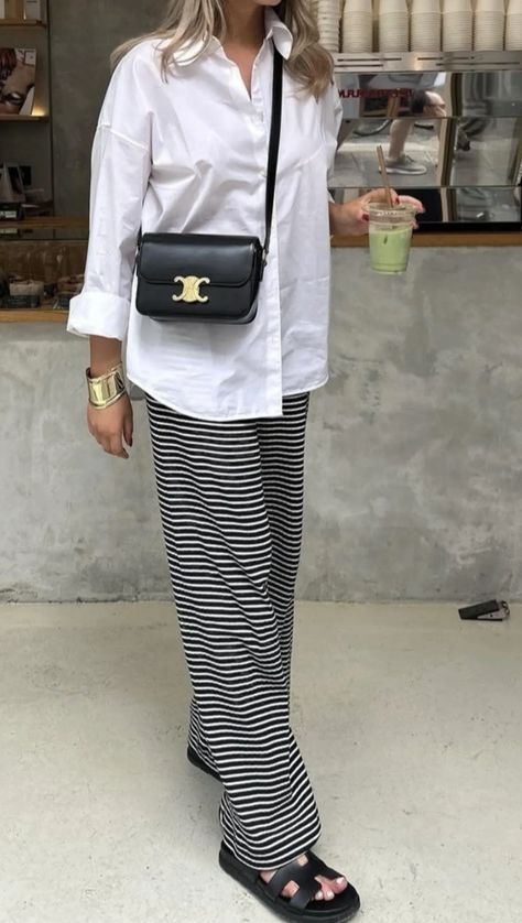 Comfortable Striped Pants Outfit Outfits Black Trousers, Samba Outfit Black, Black Striped Pants Outfit, Black And White Striped Pants Outfit, White Striped Pants Outfit, Striped Trousers Outfit, Striped Pants Outfit, White Maxi Dress Outfit, Black Trousers Outfit