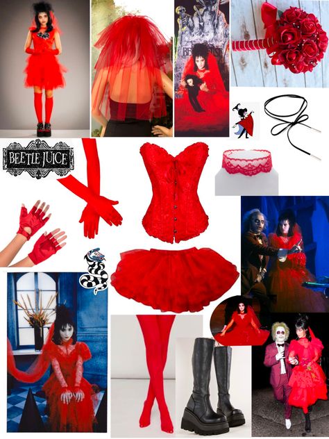 Beetlejuice Rave Outfit, Lydia Dress Beetlejuice, Diy Lydia Deetz Costume Red, Lydia Diy Costume, Bride Of Beetlejuice Costume, Lydia Deetz Red Wedding Dress, Lidia Deetz Costume Diy, Beetle Juice Wedding Costume, Lydia Red Dress Beetlejuice