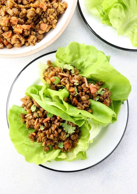 Lettuce Wraps Healthy, Meatless Mains, College Kitchen, Green Split Peas, Vegan Chinese, Butter Lettuce, Split Peas, Carrots Celery, Shredded Carrots