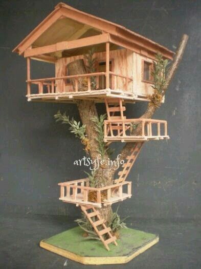 Popsicle House, Wooden Tree House, Popsicle Stick Houses, Tre Kunst, Fairy Tree Houses, Popsicle Crafts, 38 Super, Fairy Tree, Stick Art