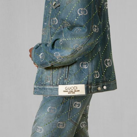 Shop the Crystal Interlocking G denim jacket in blue at GUCCI.COM. Enjoy Free Shipping and Complimentary Gift Wrapping. Agriculture Projects, Gucci Denim, Denim For Men, Gucci Store, Denim Jacket Fashion, Tops For Men, Diagonal Stripes, Mens Denim, Denim Top