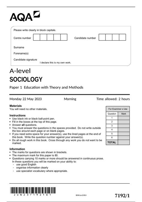 aqa-a-level-sociology-paper-1-education-with-theory-and-methods-monday-22-may-2023 A Level, May 2023, Question Mark, Sociology, You Must, Education, Writing