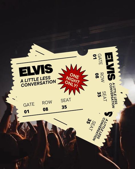 graphic design for concert tickets at a music venue like Madison Square Garden (MSG) — if Elvis were to perform today, might these be what the tix look like?✨ Tickets Graphic Design, Concert Invitation Design, Concert Ticket Graphic Design, Music Festival Ticket Design, Concert Branding Design, Music Ticket Design, Event Graphic Design Inspiration, Ticket Poster Design, Concert Tickets Design