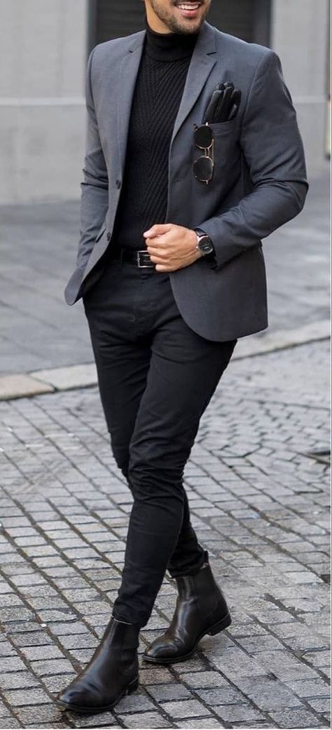 Black Coat Pant Men Formal, Conference Outfit Men, Formal Blazer Outfits Men, Mens Christmas Outfit Formal, Turtle Neck Suit, Turtleneck Outfit Men, Black Outfit Ideas, Interview Outfit Men, Winter Blazer