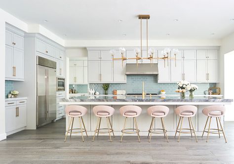 4 ways to use pink in your home Regency Kitchen, Glam Kitchen, Craft Lights, Linear Suspension, Kitchen Pendants, Glass Gems, Kitchen Pendant Lighting, Suspension Light, Hollywood Glam