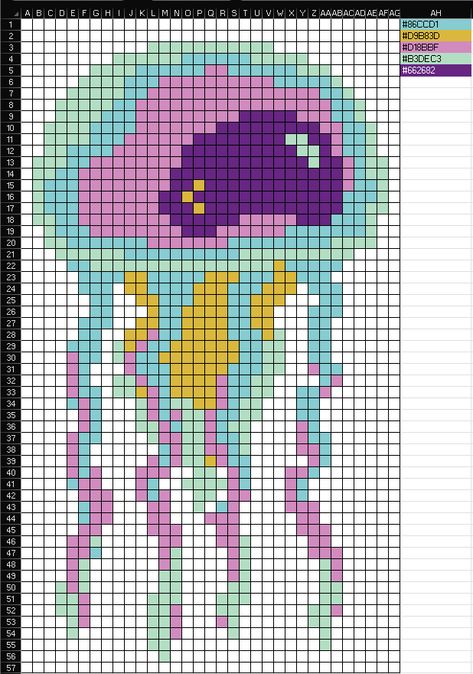 Cross Stitch Jellyfish, Perler Bead Jellyfish, Jellyfish Pixel Art Grid, Jellyfish Perler Bead Patterns, Jellyfish Perler, Jellyfish Minecraft, Minecraft Jellyfish, Jellyfish Pixel Art, Jellyfish Cross Stitch