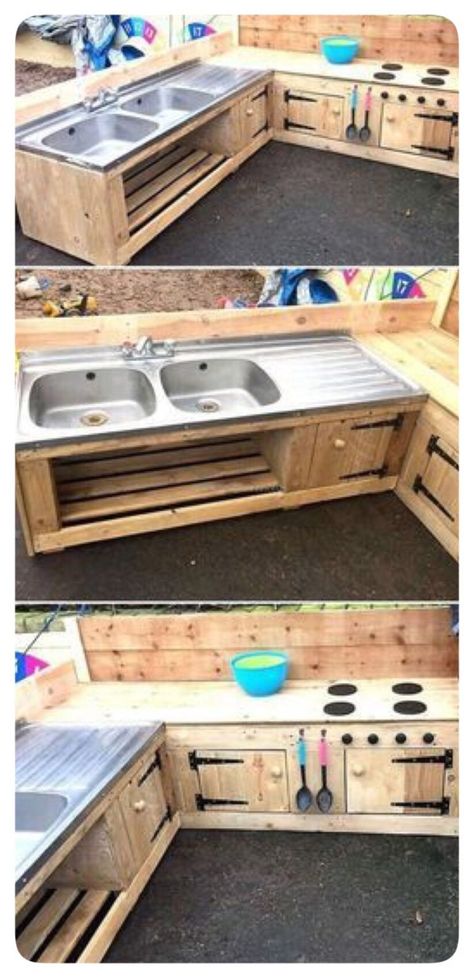 Natural Playgrounds, Palette Furniture, Patio Grill, Lights Patio, Pallet Kitchen, Diy Mud Kitchen, Diy Playground, Kitchen Patio, Dekor Diy