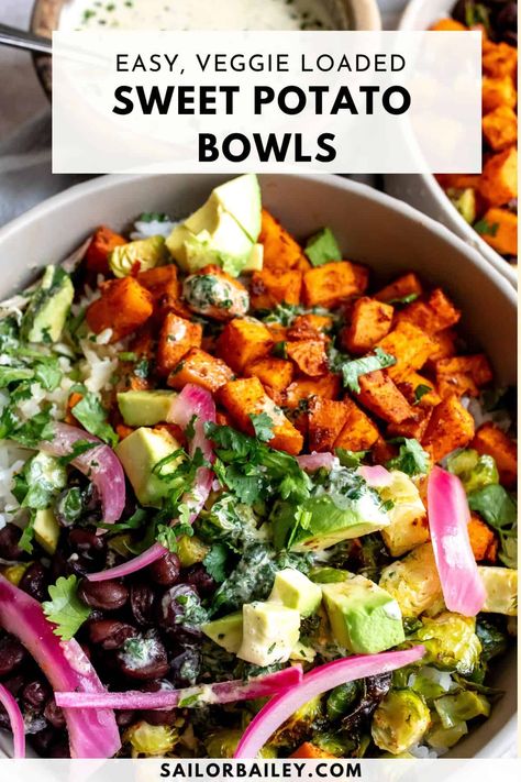 Crispy, seasoned Sweet Potato Bowls are loaded with flavor and texture. Drizzled with a tangy homemade creamy cilantro lime dressing. These bowls are banging!  via @sailor_bailey Sweet Potato Bowls Healthy, Sweet Potato Grain Bowl, Sweet Potato Bowl Recipes, Bowls With Sweet Potato, Bailey Recipes, Health 2025, Potato Bowl Recipe, Bowl Dinners, Creamy Cilantro Lime Dressing