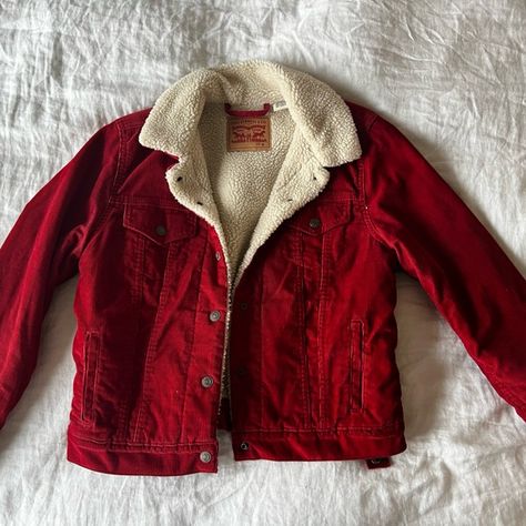 Red Levi Corduroy Sherpa Jacket, size M Fall Corduroy Jacket Outfit, Red Curdory Jacket Outfit, Wool Lined Jacket, Red Sherpa Jacket Outfit, Red Corduroy Jacket Outfit, Red Jacket Aesthetic, Lorili Gilmore, Lorili Gilmore Outfits, Red Jean Jacket