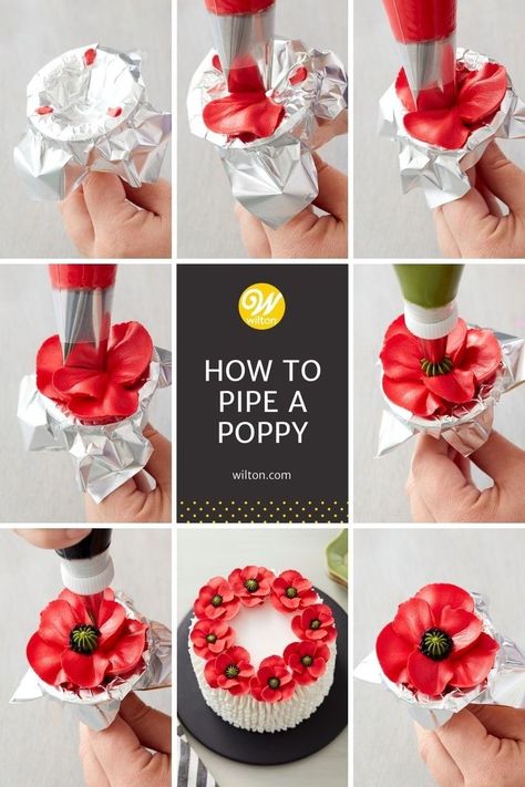 Poppy Flower Cake Ideas, Poppy Flower Cupcakes, Buttercream Fall Flowers Tutorial, Cupcake Flower Tutorial, Frosting Flowers On Cake, Spring Flower Cupcakes, Buttercream Poppies, How To Make Buttercream Flowers, Frosting Flowers Tutorial