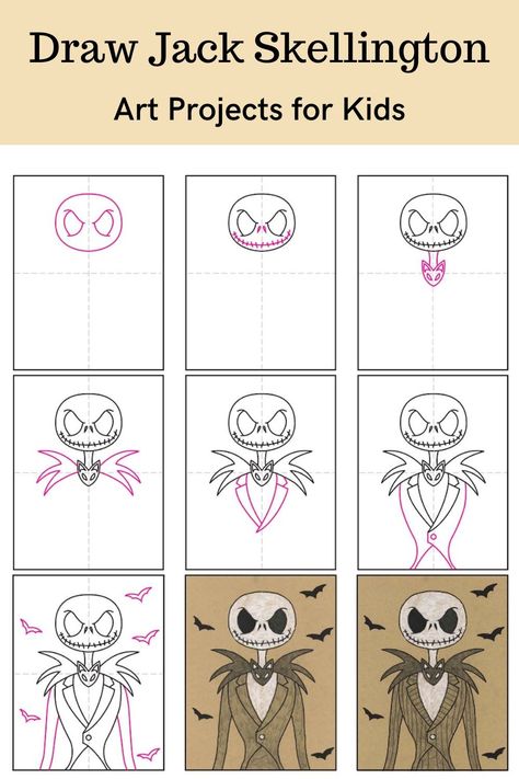 Learn how to draw Jack Skellington with an easy step-by-step PDF tutorial. #howtodraw #tutorial #drawing #drawingtutorial #arttutorial #artprojectsforkids #howtodrawforkids #skellington #nightmarebeforechristmas Drawing Ideas For Halloween Easy, How To Draw Nightmare Before Christmas, Doodle Drawings Step By Step, Halloween How To Draw, Draw Jack Skellington, Halloween Drawings Step By Step, Halloween Drawing Tutorial, How To Draw Tattoos Step By Step, Jack Skellington Chalkboard Art