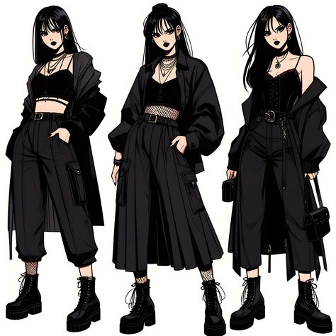 Goth Anime Outfit, Casual Goth Aesthetic, Anime Inspired Outfits Aesthetic, Goth Outfits Drawing, Main Character Aesthetic Outfits, Alt Fashion Outfits, Fashion Anime, Fashion 90s, Dress Design Sketches