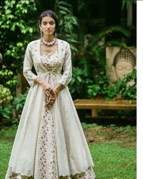 Beautiful Chanderi-Silk Jacket style Long gown with superb embellishments. Long Gown With Shrug, Gown With Coat Indian, Coat Model Long Frocks For Women, Long Frocks With Coat Model, Coat Model Long Frocks, Gown With Jacket Indian, Koti Gown, Long Gown Dress Party Wear, Walima Gown