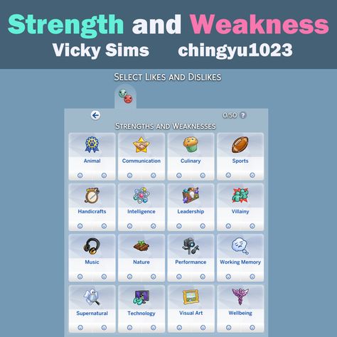 Strength and Weakness Preferences | Patreon Sims 4 Jobs Mods, Sims 4 Skills, Strength Weakness, Sims Traits, Strength And Weakness, Sims 4 Challenges, Sims 4 Traits, Sims 4 Cas Mods, Sims 4 Game Mods