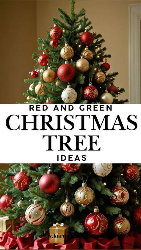 Red and Green Christmas Tree Ideas-30 Christmas Tree Ideas and Themes. Bring the holidays to life with a classic red and green Christmas tree idea! Use traditional ornaments, bright ribbons, and holly accents for timeless Christmas tree decorations that never go out of style. Perfect for adding festive cheer to your home. Red Green Christmas Tree Ideas, Green Red And White Christmas Tree, Burlap Christmas Tree Ideas, Red Gold And Green Christmas Tree, Christmas Tree Themes Colors Red, Red Green And Gold Christmas Tree, Diy Grinch Christmas Tree, White And Green Christmas Tree, Green Christmas Tree Ideas