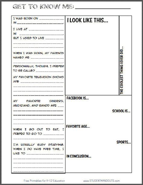 Get to Know Me Student Info Sheet - free to print. Student Information Sheet High School, Student Information Sheet Middle School, Memory Worksheets, Elementary Counselor, Worksheets For High School, Student Info Sheet, Student Information Sheet, Homework Sheet, Literature Lessons