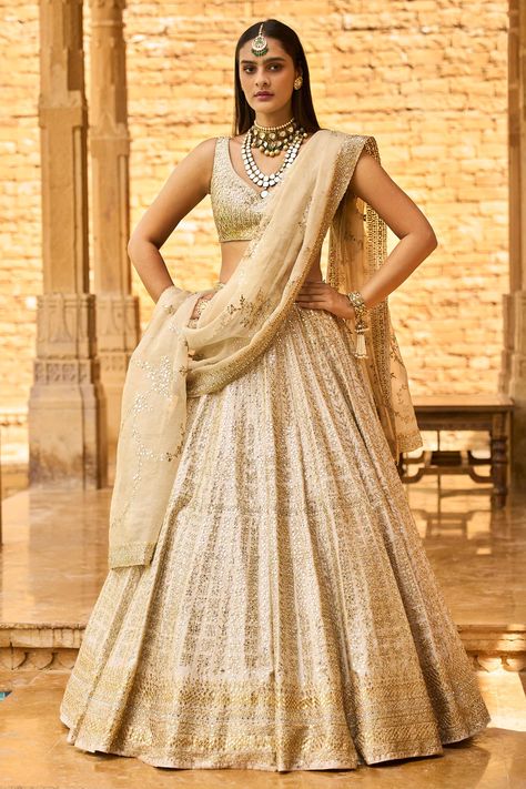 Buy Seema Gujral Embroidered Lehenga Set Online | Aza Fashions Reception Outfit For Bride Indian, Indian Reception Outfit, Gota Patti Lehenga, Work Crystals, Gota Patti Embroidery, Seema Gujral, Orange Lehenga, Reception Outfits, Gold Lehenga