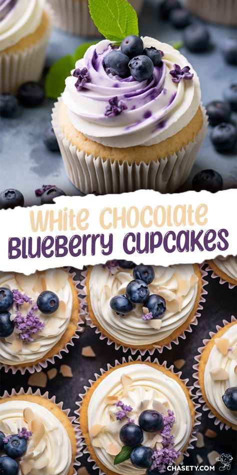 Luxurious White Chocolate Blueberry Cheesecake Cupcakes, White Chocolate Blueberry Cupcakes, Cupcake Recipes Blueberry, Blueberry Filled Cupcakes, New Cupcake Flavors Ideas, White Chocolate Blueberry Cheesecake Cupcakes, Huckleberry Cupcakes, Fruity Cupcake Recipes, Blueberry Cupcake Recipes