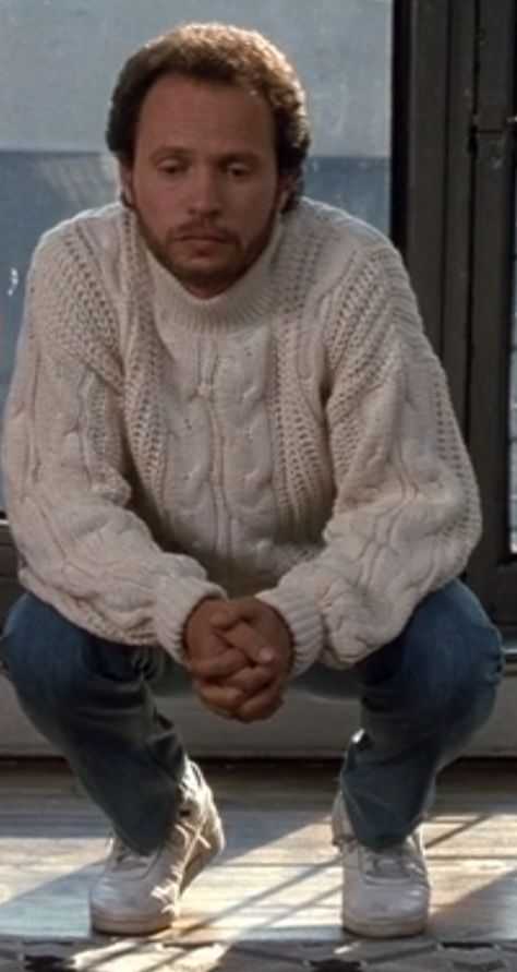 Every Outfit Harry Wears in When Harry Met Sally – WILL IT LAST?  #whenharrymetsally #billycrystal Harry And Sally, Cable Knit Sweater Outfit, Sweater Outfits Men, Billy Crystal, Knit Sweater Outfit, When Harry Met Sally, Mens 90s, Thanksgiving Outfit, Knit Outfit