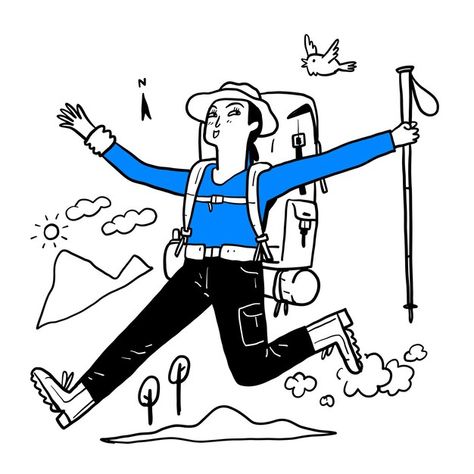 Hiker Illustration, Hiking Illustration, Illustration Line Art, Doodle Style, Hand Drawn Illustration, Drawn Illustration, Line Illustration, Psd Files, Doodle Art