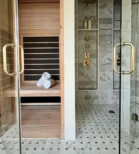 Ensuite With Sauna, Shower With Sauna Steam Room, Custom Infrared Sauna, Small Steam Showers Bathroom Master Bath, Basement Bathroom With Sauna, Sauna Interior Design Ideas, Infrared Sauna Shower Combo, Custom Sauna Ideas, Saunas In Bathrooms Master Bath