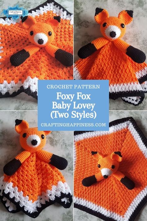 Foxy Fox Lovey is a crochet pattern for a cute baby security blanket. Make this animal baby lovey with this easy crochet pattern from Crafting Happiness #crochetblankets #crochetafghans #babylovey #babysecurityblanket #crochetstitches #crochetpatterns #crochetanimals #crochetforbaby #crochetprojects #crochetbaby #babyblankets #nurseryideas #babiesnursery #animallovey Fox Lovey, Fox Baby Blanket, Kids Knitting, Crochet Baby Booties Pattern, Kids Knitting Patterns, Crochet Baby Blanket Free Pattern, Lovey Pattern, Crochet Lovey, Fox Baby