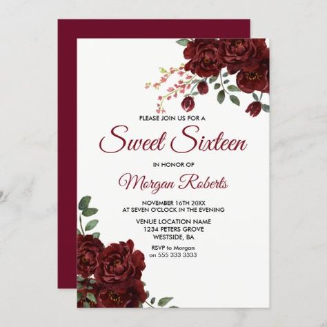 Romantic Burgundy Red Rose Floral Sweet 16 Invite for $2.95 - Birthday Invitations Divorce Party Invitations, Floral Sweet 16, Romantic Floral Wedding, Burgundy Invitations, Rose Romantic, Wedding Invitation Size, Burgundy Wedding Invitations, Sweet 16 Invitations, Floral Wedding Invitation