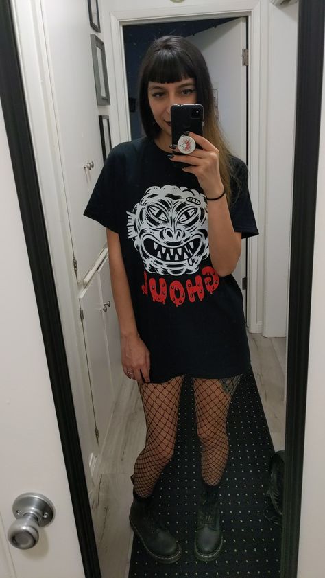 Oversized shirt, fishnets, docs Fishnets Oversized Shirt, Fishnets And Oversized Shirts, Stockings Outfit, Big Shirt, Emo Fashion, Grunge Goth, Oversized Shirt, Oversized Tshirt, Urban Fashion