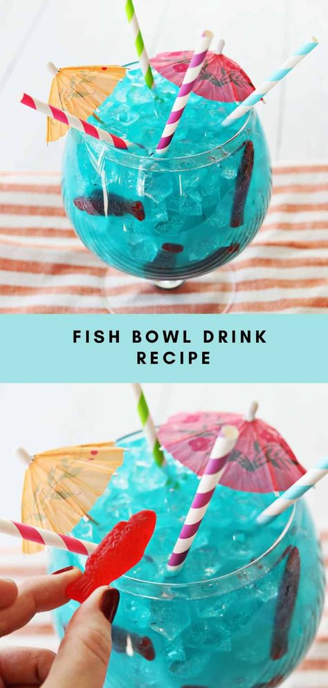 Fishbowl Cocktail - A Beautiful Mess Fish Bowl Drink, Fishbowl Cocktail, Fishbowl Drink, Bowl Cocktails, Coctails Recipes, Batch Cocktails, Mixed Drinks Recipes, A Beautiful Mess, Drink Recipe