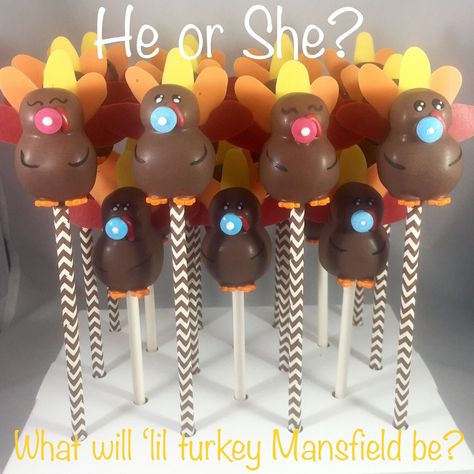 Friendsgiving Gender Reveal, Waddle It Be Gender Reveal Turkey, Gender Reveal Thanksgiving Ideas, Turkey Gender Reveal Ideas, Thanksgiving Gender Reveal Ideas, Turkey Gender Reveal, Thanksgiving Gender Reveal, Gender Reveal Cake Pops, Gender Reveal Party Food