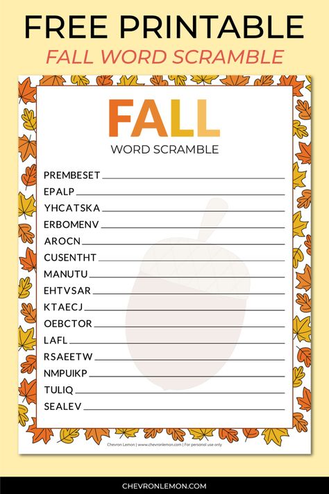 Fall Word Scramble, Fall Party Games, Autumn Puzzle, Fall Worksheets, Unscramble Words, Metric Conversion Chart, Scramble Words, Printable Games For Kids, November Activities